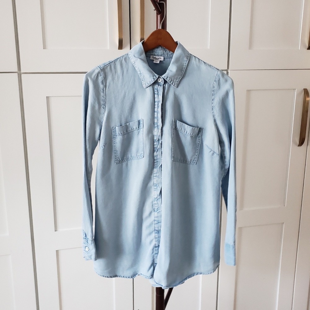 Splendid Button Down Shirt Womens XS Blue Lyocell Chambray Long Sleeve Utility‎